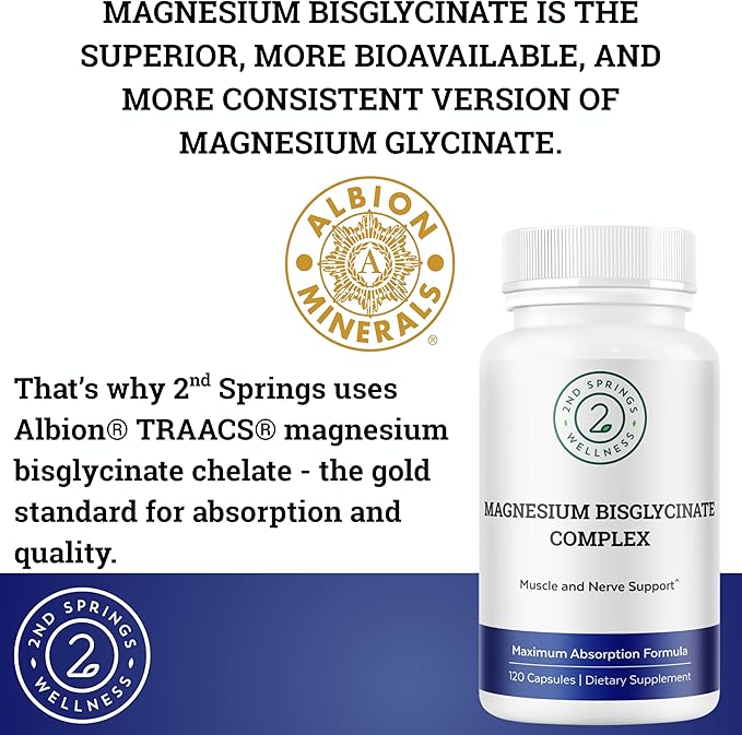 Magnesium Bisglycinate Complex 400mg – Albion TRAACS Chelated Magnesium for Maximum Absorption – Gentle on Stomach Highly Bioavailable Magnesium Supplement – 120 Capsules