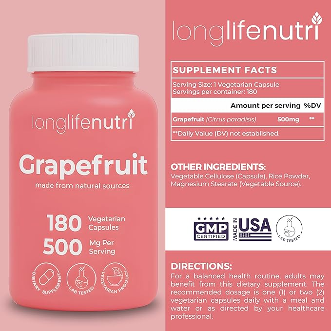 LongLifeNutri Grapefruit Seed Extract 500 mg + Synaptiq (Alpha GPC + Uridine Monophosphate 1000 mg) Bundle - 180 + 180 Capsules Focus &amp Productivity Energy &amp Balance GMP Certified Made in