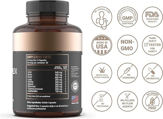 Beef Organ Supplement | 9-Organ Complex from Grass-Fed New Zealand Cattle | Whole-Food Multivitamin Alternative for Energy Digestion Immune &amp Brain Support | 30 Day Supply