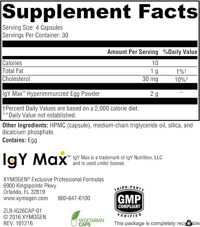 XYMOGEN IG 26 DF - Dairy-Free Immunoglobulin Capsules for Intestinal &amp Immune System Support - Hyperimmune Egg-Derived Immunoglobulins - 120 Capsules