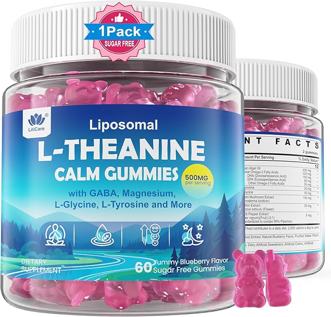 Liposomal L-Theanine Gummies 500mg Melatonin-Free Calm &amp Relaxation Gummies with Magnesium Glycinate 5-HTP Mushroom Vitamins D3 B12 Ashwagandha for Brain Calm Relax Mood Zzz Vegan 60 Ct