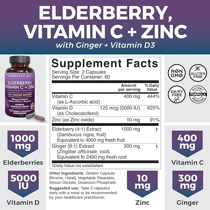 Viva Naturals Antarctic Krill Oil and Elderberry Vitamin C Zinc and Vitamin D3 5000 IU Bundle 1250 mg of Krill Oil Providing Omega 3 EPA and DHA for Joint Health Elderberry for Immune Support
