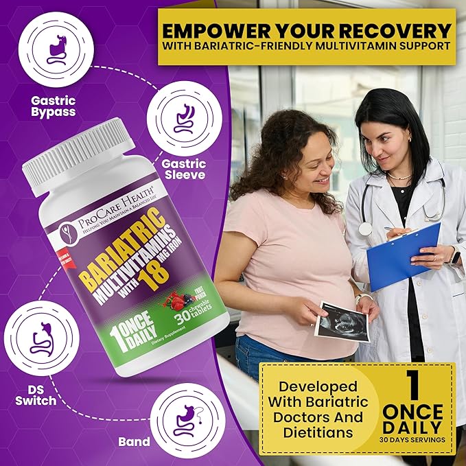 ProCare Health Bariatric Chewable Multivitamin with Iron 18mg (30 Tablets) - Fruit Punch Flavor Bariatric Multivitamin Chewable for Gastric Bypass &amp Sleeve Gastrectomy Patients* (1 Month Supply)