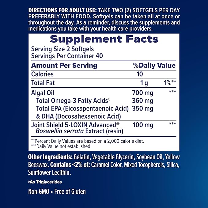 Osteo Bi-Flex Advanced Omega-3 Joint Complex Algae Oil Plant-Based Supplement Improve Joint Function Strength Flexibility Mobility 80 Softgels