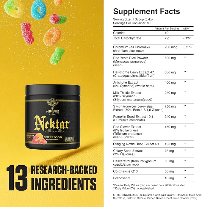 Ambrosia Superfood Organ &amp Cycle Support Powder | Liver &amp Kidney Support with Milk Thistle Red Yeast Rice &amp CoQ10 | 13 Superfood Ingredients | 30 Servings | Sour Gummy Candy