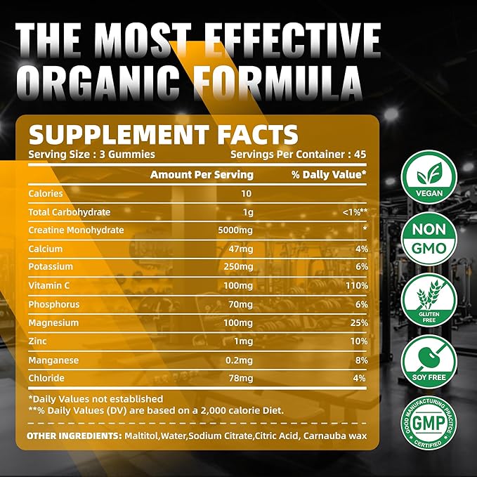 NSF Certified Creatine Gummy - Creatine Monohydrate Gummies for Men &amp Women-5g of Creatine Monohydrate per Serving - Sugar FreeVegan Organe Electrolyte Chews 135 Count