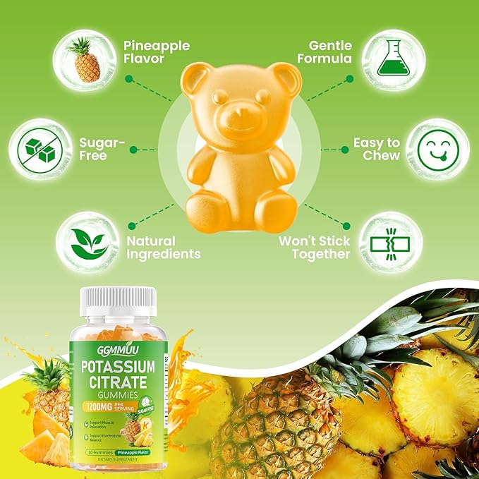 2 Pack Potassium Citrate Gummies 1200mg Sugar-Free Potassium Supplement for Adults &amp Kids - Supports Muscle Health Leg Cramps &amp Electrolyte Balance Vegan Pineapple Flavor 120 Count