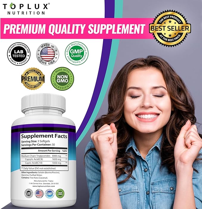 Toplux Keto MCT Oil Capsules - 3000mg Natural Pure Coconut Oil Extract Pills Source of Energy Easy to Digest for Men Women 90 Softgels Supplement