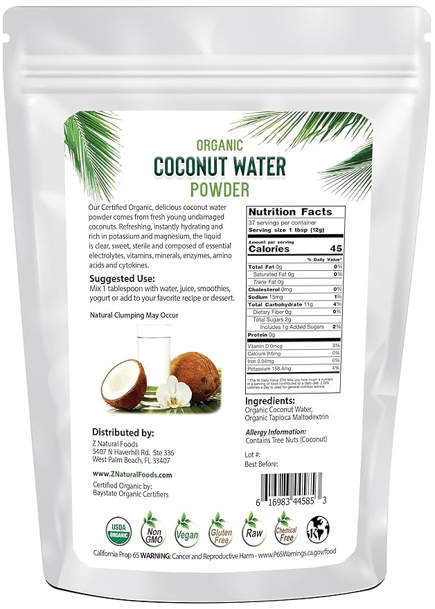 Z Natural Foods Organic Coconut Water Powder - Energy &amp Electrolyte Support - Perfect Pre/Post Workout - Vegan Gluten-Free Non-GMO Kosher NOT Freeze Dried Coconut Water Powder 1 lb