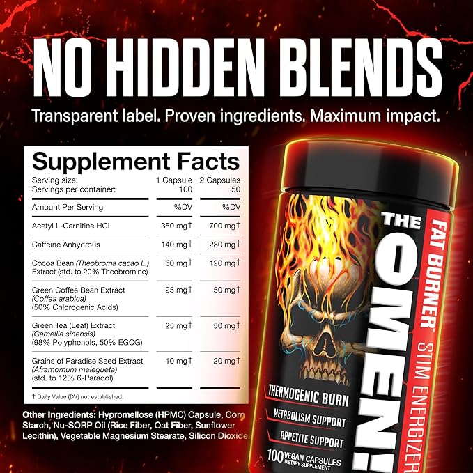 JNX SPORTS The Omen! Thermogenic Fat Burner – Fat Burner for Men &amp Women with Acetyl-L-Carnitine | Appetite Suppressant &amp Weight Loss Supplement | 100 Capsules