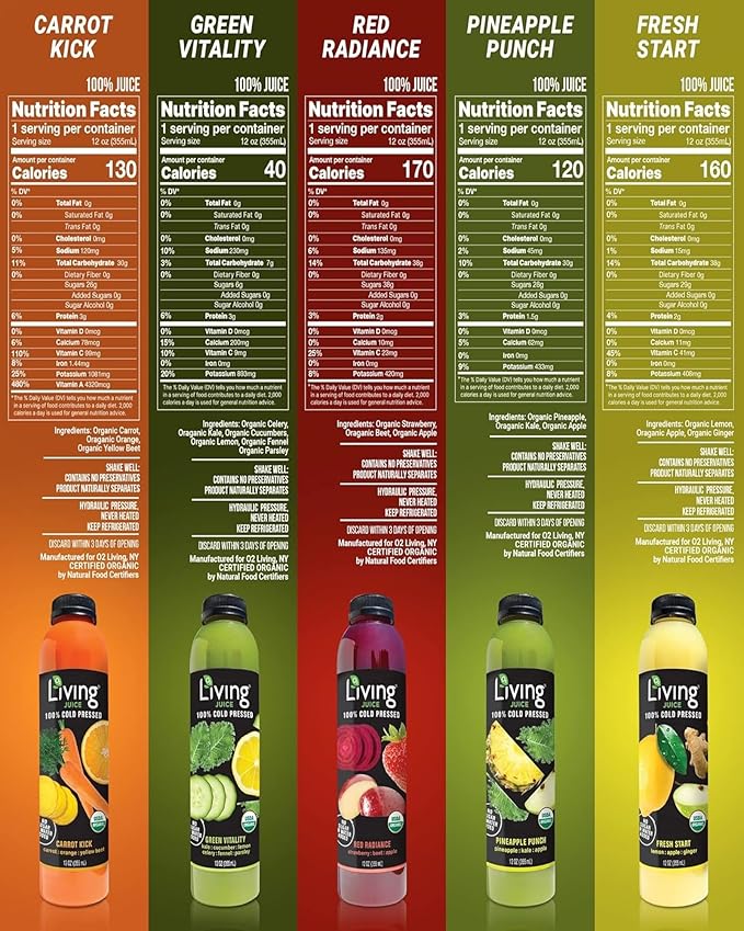 O2 Living Juice Cold Pressed Drink Variety Flavors Pack - Organic Juice Drinks - No Added Sugars or Water Natural Sweetness from Fruits Rich in Nutrients &amp Vitamins Non-GMO - 12oz 10-Pack