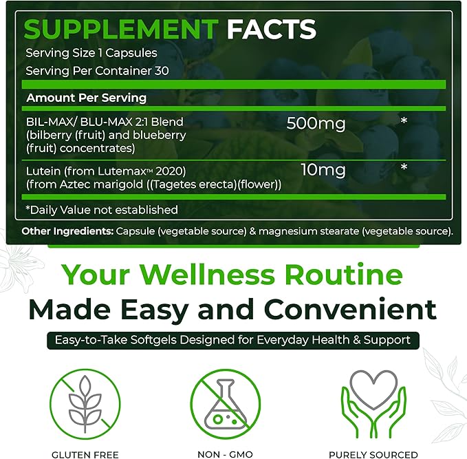 Natural Nutra Ultimate Eye Health Supplement - Bilberry &amp Blueberry Extract Blend for Day and Night Vision Support Promotes Color Perception &amp Eye Clarity - Non-GMO Vegan - 30 Capsules (Pack