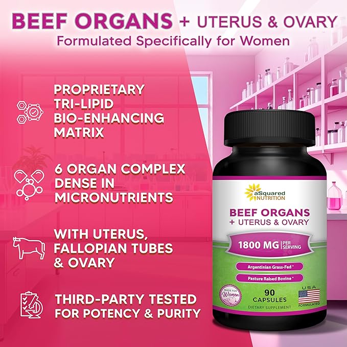 aSquared Nutrition Beef Organ Supplement for Women - Grass Fed Liver Capsules - Ovary Uterus Kidney &amp Heart - Female Superfood - Women's Complex Pills for Energy &amp Health
