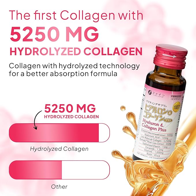 FINE JAPAN Hyaluron &amp Collagen Plus – Liquid Collagen Supplement with Vitamin C Hyaluronic Acid Pearl Coix Supports Skin Hydration Elasticity Hair &amp Nail Health – Made in Japan 17 fl oz