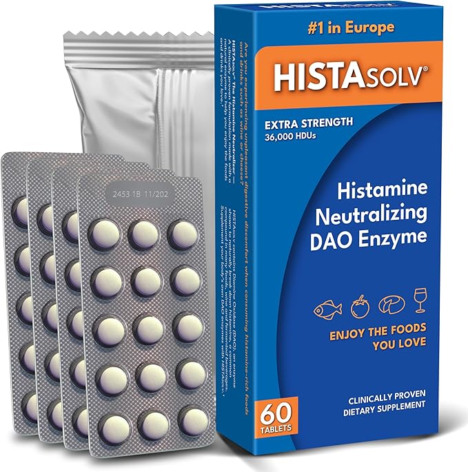 HISTAsolv Extra Strength DAO Enzyme Supplement for Histamine Food Intolerance - Eases Digestive Discomfort - Patented Tech - Made in Austria - 60 Pack
