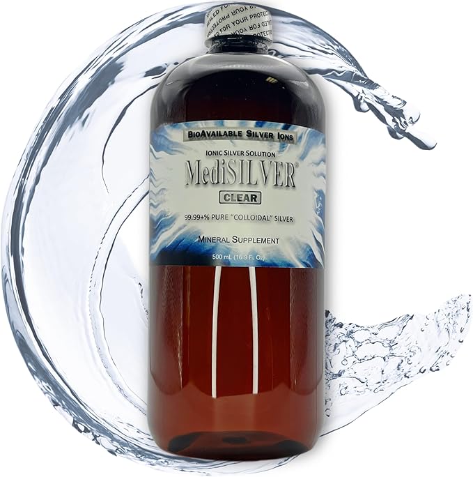 MediSILVER Clear True Free Ionic Colloidal Silver Dietary Supplement - 500 mL (16.9 Fl Oz) in Amber BPA-Free Plastic Bottle