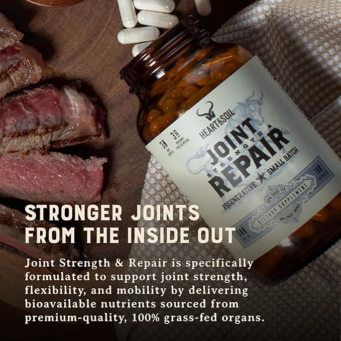 Heart &amp Soil 100% Grass Fed &amp Finished Joint Support Supplement from Regenerative Cattle with Trachea Scapula &amp Bone Marrow – Supports Joint Strength &amp Mobility – 3000mg – Glass Bottl