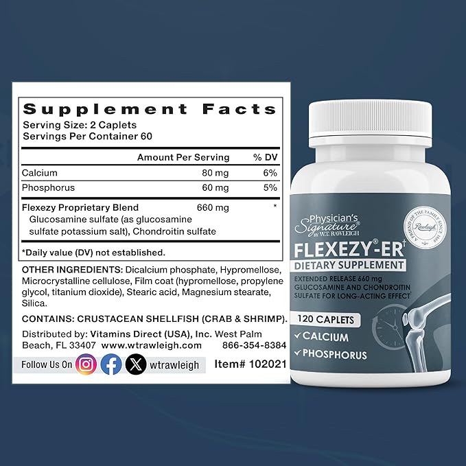 Rawleigh Flexezy-ER: 120 Caplets High Strength Glucosamine &amp Chondroitin Sulfate Blend Calcium &amp Phosphorus 24-Hour Extended Release Bone &amp Joint Health Supplement. Non-GMO - 1 Month S