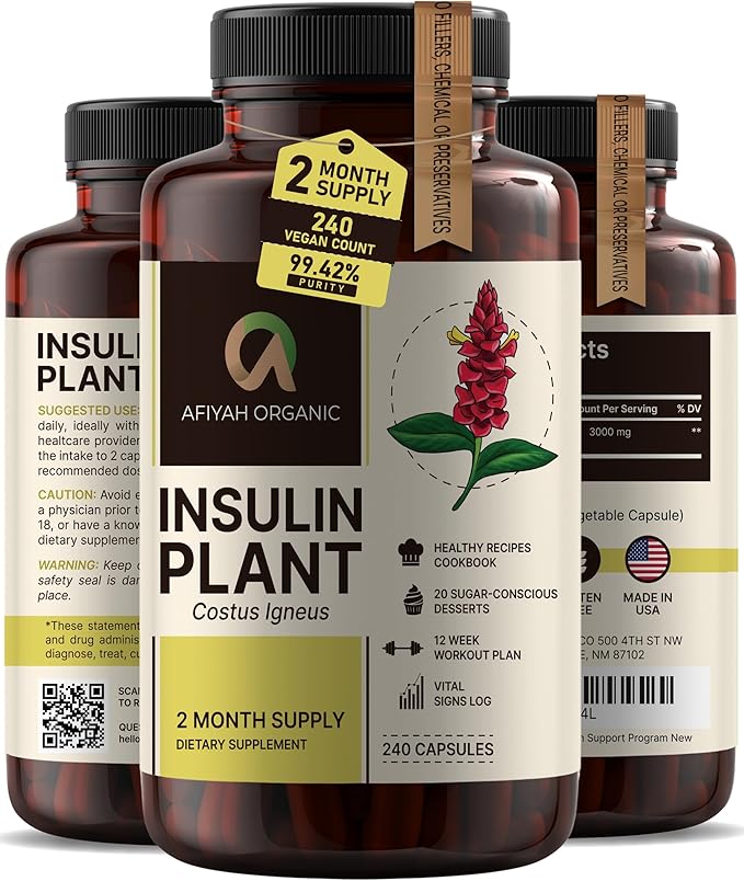 Premium Quality Costus Igneus (Insulin Plant) Capsules - Easy to Swallow 240 Veggie Capsules (2 Month Supply) - Made in the USA - Including Complete Health Support Program