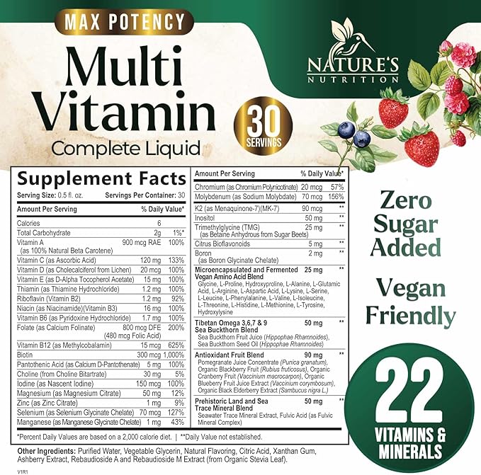 Liquid Multivitamin - Sugar Free Daily Multi Vitamin for Women Men &amp Kids Vitamins A C D B-12 Biotin &amp Zinc - Supports Faster Hair Growth &amp Skin Wrinkles Vegan Non-GMO Berry Flavo