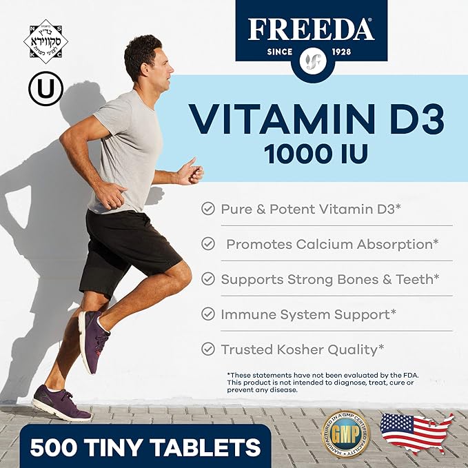 FREEDA Pure Vitamin D3 1000 IU – Daily Maintenance Dose – Bone Health Joint Muscle &amp Immune Support – Vit D3 Vitamin D Supplement for Women &amp Men – 25 mcg 1000 IU Easy-to-Swallow (500 Tiny