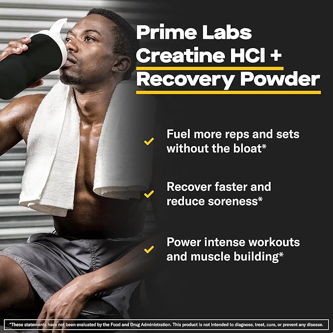 Prime Labs Creatine HCl Powder with AstaReal Astaxanthin 6mg - Supports Muscle Recovery &amp Brain Health - Con-Cret Creatine HCl (7X More Concentrated Than Monohydrate) - 60 Servings