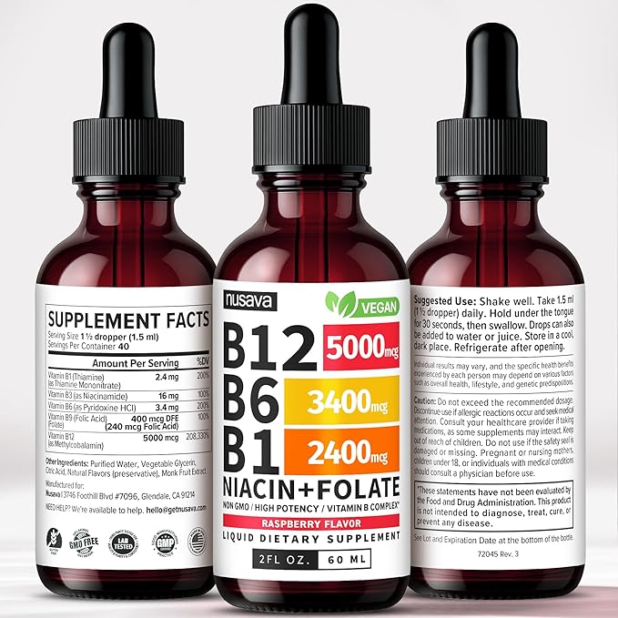 NUSAVA (2 Pack) Vitamin B12 Liquid Drops with B6 B1 Niacin &amp Folate — B12 Sublingual Vitamin B Complex Methylcobalamin 5000 mcg for Energy Brain &amp Heart Support Raspberry Flavor 80 Serv