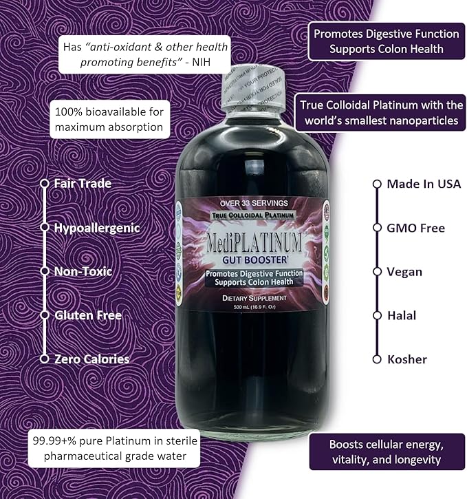 MediPLATINUM Gut Booster True Colloidal Platinum PtNP Nutritional Supplement - 250 mL (8.45 Fl Oz) in Clear Glass Bottle