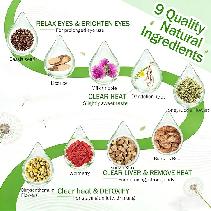 Runare Dandelion &amp Goji Detox Tea - Liver &amp Kidney Detox Tea with Dandelion Root Goji Berry Cassia Seed Orange Peel &amp Chrysanthemum Natural Herbal Blend 、Caffeine-Free – 12 Servings