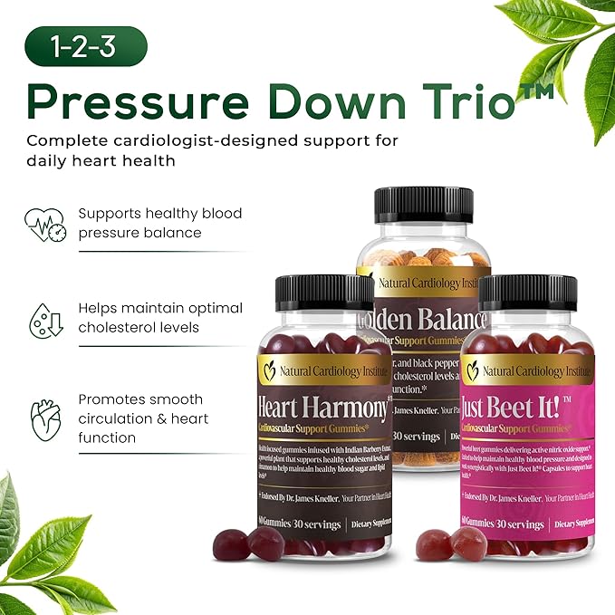 Natural Cardiology Institute 1-2-3 Pressure Down Trio Bundle – Doctor-Formulated Cardiovascular Support System with Just Beet It! Golden Balance &amp Heart Harmony Gummies