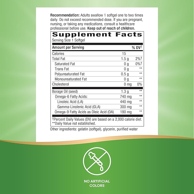 Nature's Way Borage Oil Supplements Cold Pressed &amp Unrefined 300 mg GLA and 440 mg Linoleic Acid per Serving 60 Softgels (Packaging May Vary)