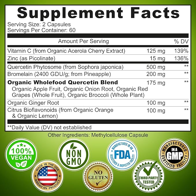 Quercetin with Bromelain Vitamin C &amp Zinc &amp Liposomal Vitamin C 1500mg – Immune Support Bundle with Organic Acerola Cherry Camu Camu &amp Whole Food Antioxidants – Vegan Non-GMO Clean Lab