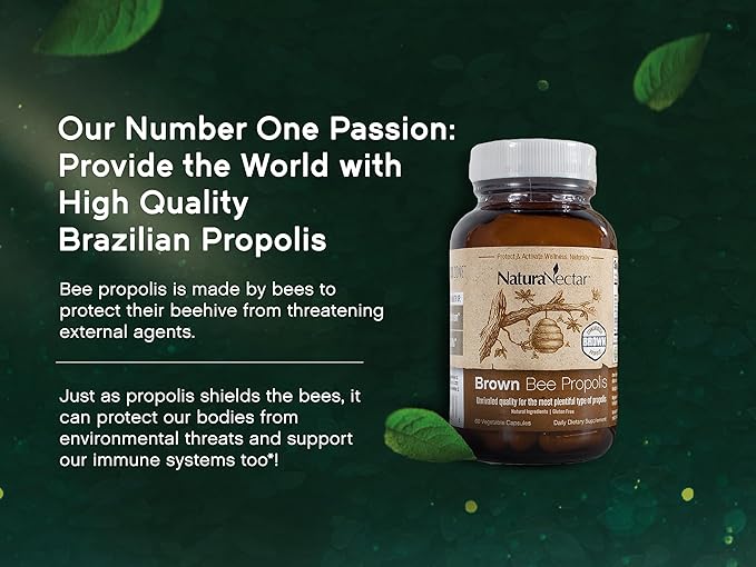 NaturaNectar - Brown Bee Propolis - NSF Contents Certified - Premium Brazilian Propolis - Gluten-Free Supplement with Flavonoids FLAV-B and PWE - Naturally Sourced Through Ethical Beekeeping (60pcs.)