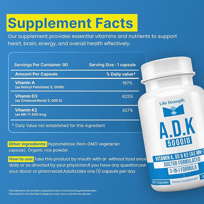 ADK Supplement (90 CT) - Physician Formulated Vitamins A1 D3 &amp K2 (as MK7) for Bone Health - Immune System Support - Gluten Free Soy Free Non-GMO - Pack of 2
