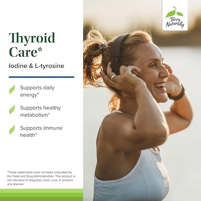 Terry Naturally Thyroid Care - Immune Health &amp Energy Support Formula - Nutritional Supplement with Iodine for Thyroid Health Support - Wellness Supplement with L-Tyrosine - 60 Capsules