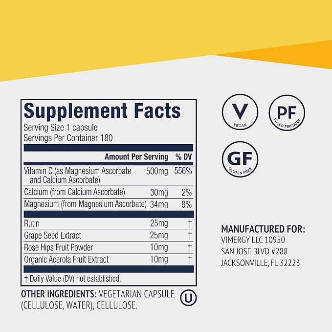 Vimergy Micro-C® Vitamin C Capsules – 500mg per Capsule Supports Immune Health* Promotes Collagen Production Supports Healthy Bones* Kosher Vegan &amp Gluten-Free Regular Size 180 Capsules