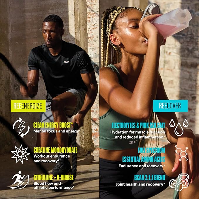 Reebok REEenergize &amp REEcover Bundle | Pre-Workout + BCAA Recovery System | Watermelon Crush &amp Strawberry Lemonade | Train &amp Recover Pack