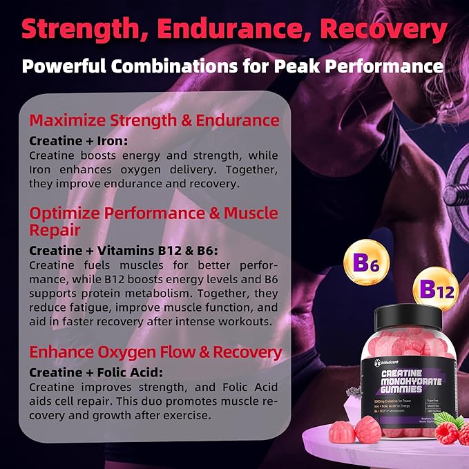 Creatine Monohydrate Gummies 5000mg w/Iron Vitamin B6 &amp B12 Sugar Free 5g Creatine Supplements for Women and Men Boost Energy &amp Muscle Recovery - 90 Raspberry Gummies