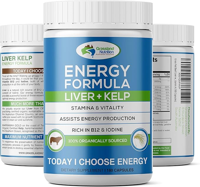 GRASSLAND NUTRITION Grass Fed Beef Liver with Wild Harvested Kelp 100% Organically/Halal Sourced 2-in-1 Energy Formula — Natural B12 Iodine Iron &amp Vitamin A (180 Capsules)