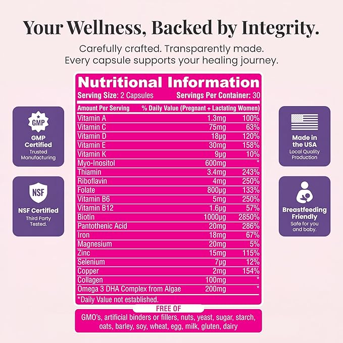 Align &amp Shine Postnatal Vitamins for Women - DHA Iron Folate Vitamin B12 &amp Myo-Inositol | Postpartum Recovery - Breastfeeding Friendly - 1 Month Supply (60 Capsules)