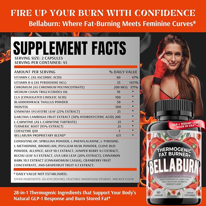 Bellaburn - Belly Fat Burner for Women Appetite Suppressant for Weight Loss Metabolism Booster Thermogenic Fat Burners Diet Pills that Work Fast Weight Loss Pills USA Made 3rd Party-Tested