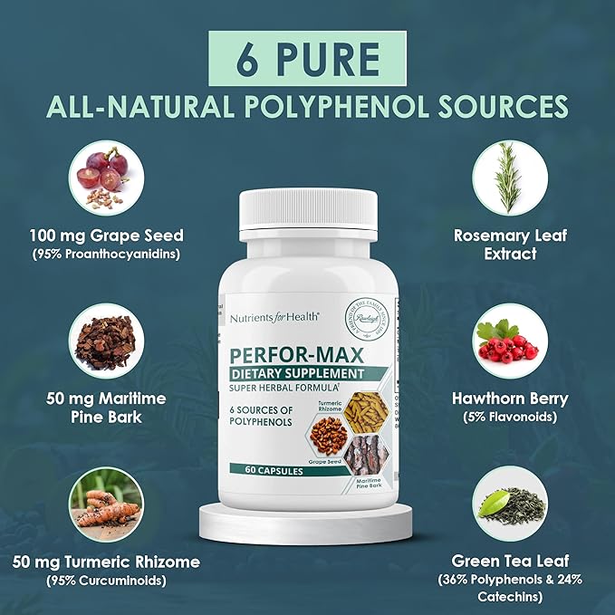 Rawleigh Perfor-Max Antioxidant Blend – Grape Seed Extract Pine Bark Turmeric Green Tea Rosemary &amp Hawthorn – 6-in-1 Polyphenol Complex for Heart Circulation &amp Healthy Aging. 60 Capsules