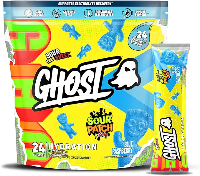 GHOST Hydration Packets Sour Patch Kids Blue Raspberry 24 Sticks Electrolyte Powder - Drink Mix Supplement with Magnesium Potassium Calcium Vitamin C - Vegan Free of Soy Sugar &amp Gluten