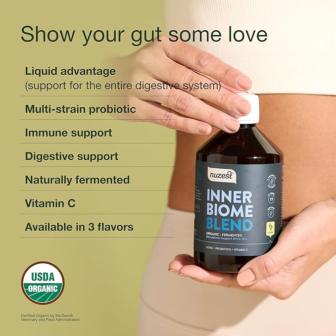 Nuzest - Inner Biome Blend – Prebiotic Probiotic &amp Postbiotic Liquid Drink Mix – Microbiome Support – 8 Microbiotic Cultures 19 Fermented Herbs - Vegan - Organic - Ginger Flavour - 16.9 fl.oz/ 5