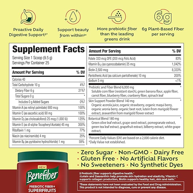 Benefiber Prebiotic GLP-1 Friendly Fiber + Superfruits Dietary Supplement Strawberry Dragon Fruit Flavor 8.8 oz (250g)