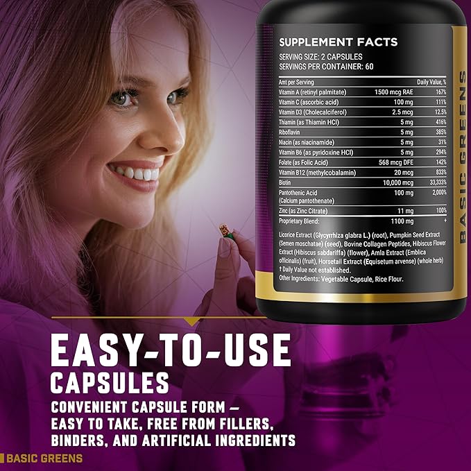Hair Skin &amp Nails Vitamins with Biotin 10000 mcg Collagen B-Complex &amp Botanicals – Supports Healthy Hair Glowing Skin &amp Strong Nails – Non-GMO Gluten-Free – Made in USA – 120 Capsules