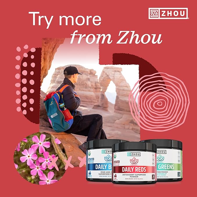 Zhou Organic Reds Powder - Red Powder Superfood with Beetroot Super Fruits Goji Berry &amp Tart Cherry Antioxidant Support for Whole-Body Health - Natural Berry Flavor 4.95 oz (30 Servings)