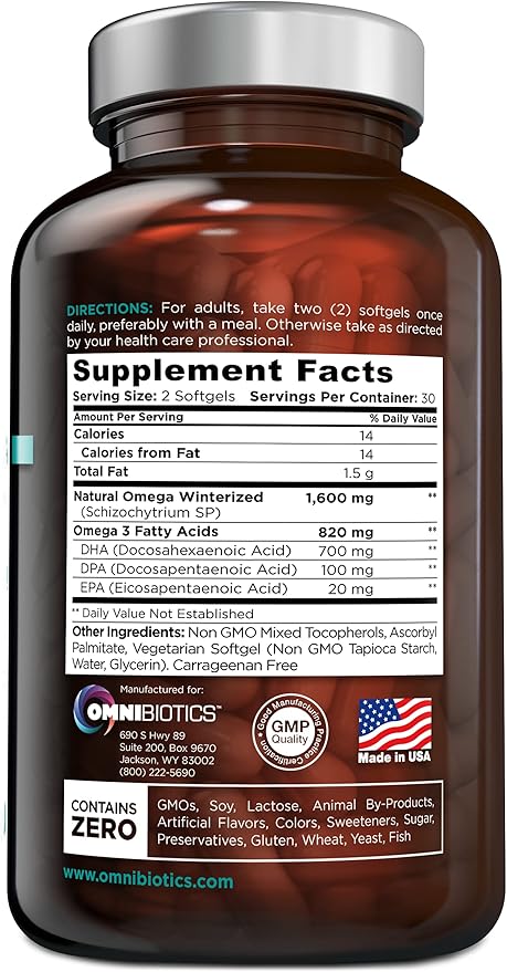 OmniBiotics Vegan Omega 3 DHA EPA Supplement – MD-Certified Prenatal Supplement with 8X More DHA Than Krill Oil Fish-Free Non-GMO – 60 Vegan Capsules