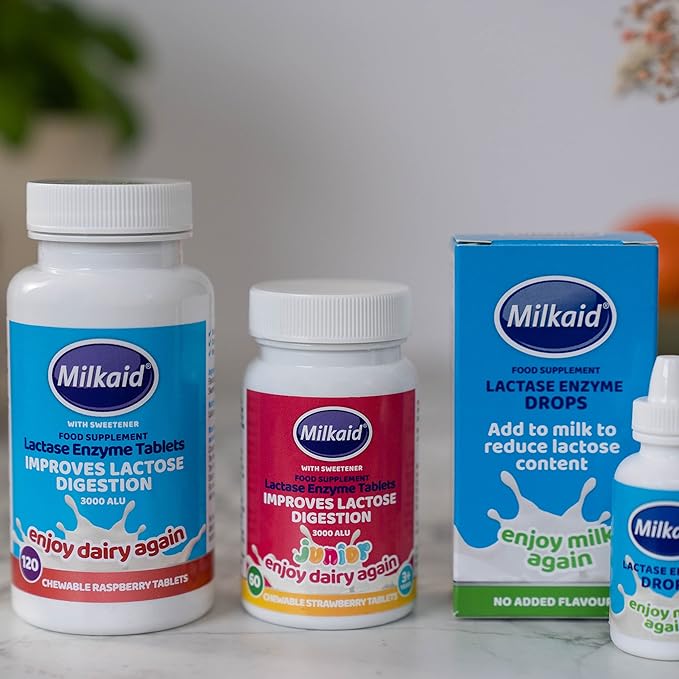 Milkaid Lactase Enzyme Drops Tablets for Lactose Intolerance Relief | Prevents Gas Bloating &amp Diarrhea | Dairy Digestive Supplement | 0.5 Fl Oz &amp 120 Raspberry Flavored Tablets