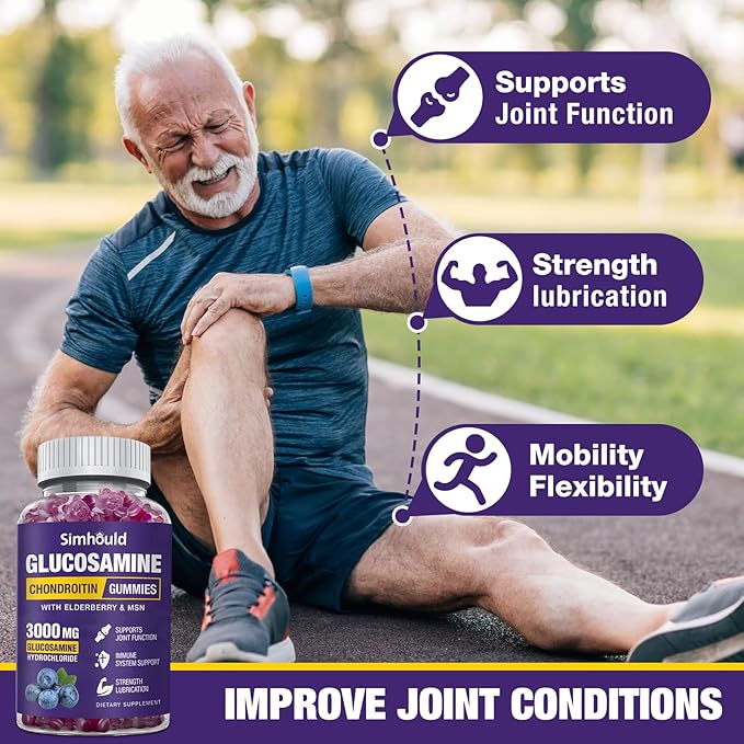 Simhould 2 Packs Glucosamine Chondroitin Gummies - 3000MG Extra Strength Joint Support Supplement with MSM &amp Elderberry Flexibility Antioxidant Immune Support Gummy for Adults Men &amp Women